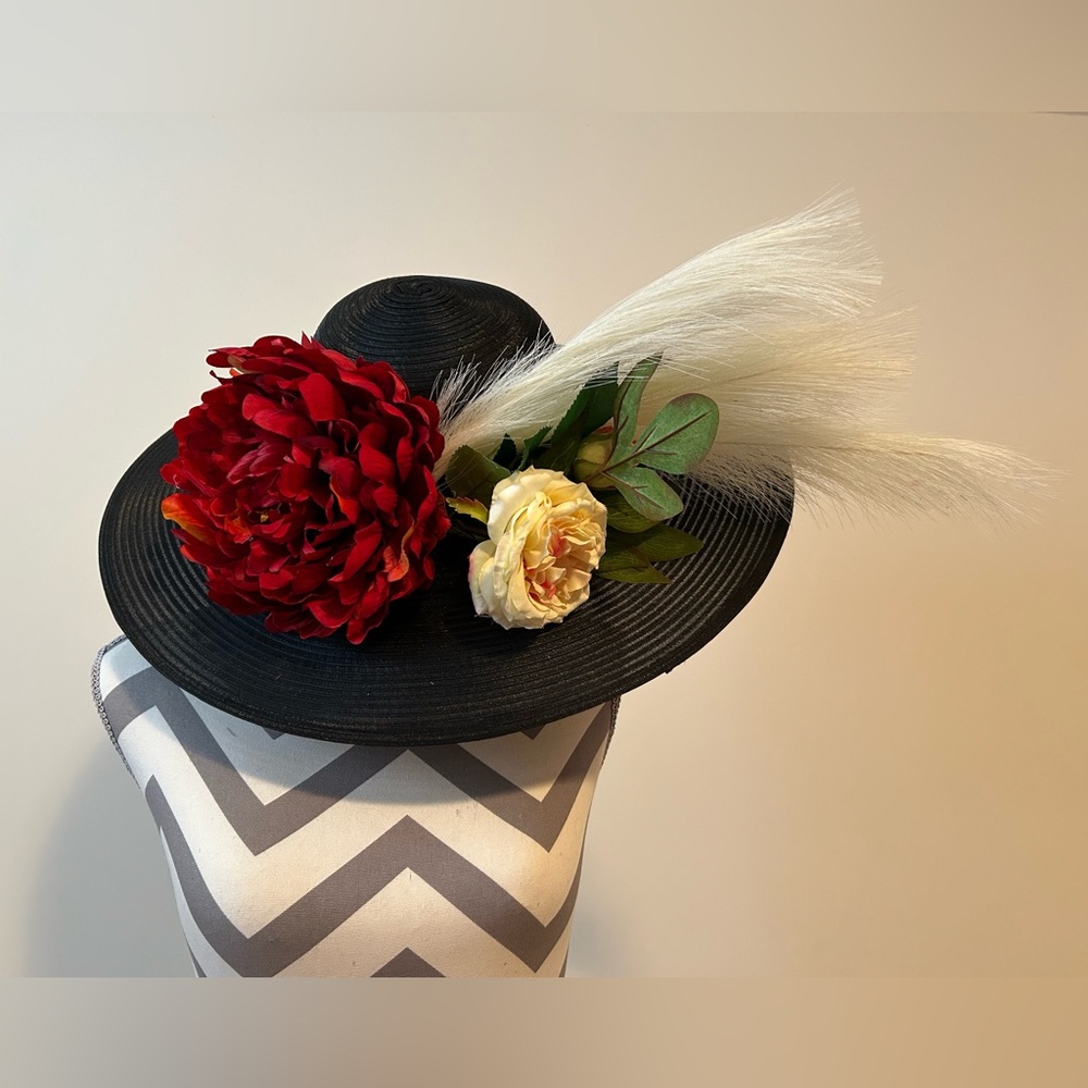 Handmade Black Scarlet Chrysanthemum Cream Rose White Feather 18” Brim Derby Hat